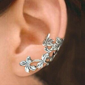 NEW Silver Floral Slip On Long Fitted Ear Cuff nonn-Pierced Earring LEFT